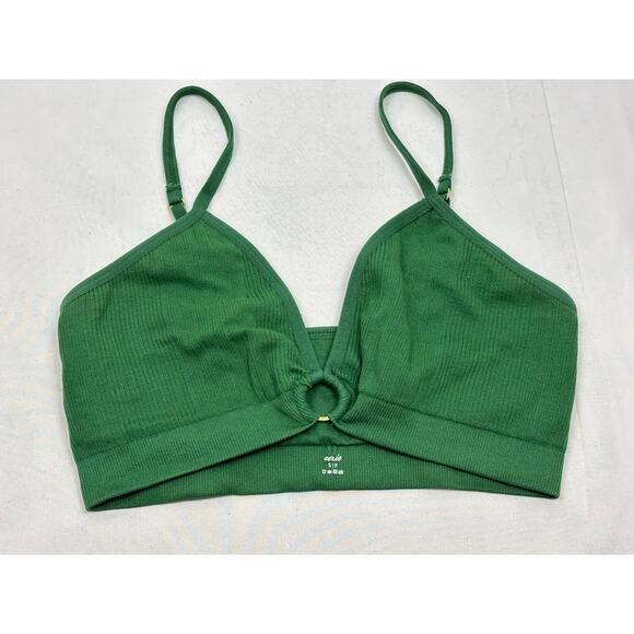 Aerie Green Ribbed Bra Top Gold Ring Adjustable Straps Size S Bralette - Picture 1 of 5